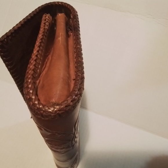 Rose Of Mexico Lether Cluch Purce Brown Carved Lether Vintage Rm1 - Picture 4 of 4